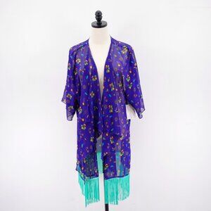 NEW LuLaRoe Monroe Purple Teal Tassle Sheer Cardigan Large Short Sleeve Open Fro